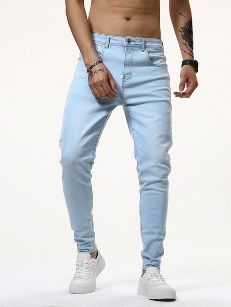 

men solid washed tapered jeans 075l#, Blue