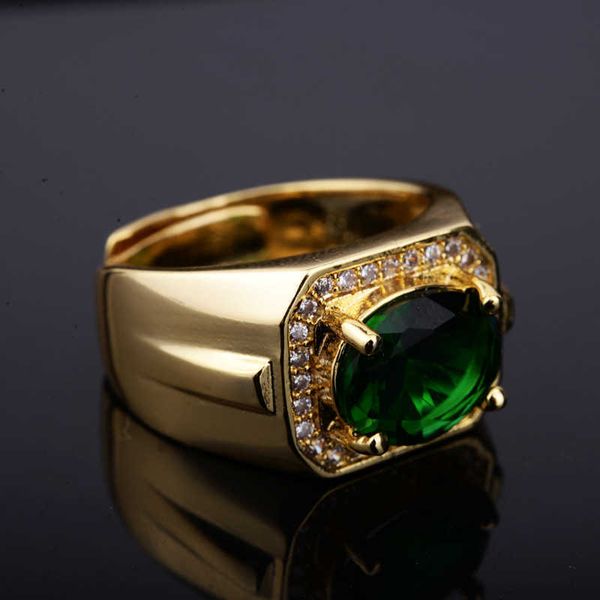 

new domineering 18k color inlaid emerald oval men's open ring men's ring, Golden;silver