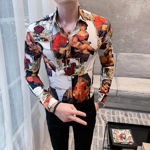 

men's casual shirts british style spring long sleeve stylish print for men clothing 2021 simple all match slim fit tuxedo 3xl, White;black