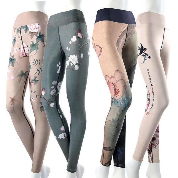 

four seasons printed yoga pants women's nine-point tight-fitting high-waist trousers running fitness stretch sports, Black;blue