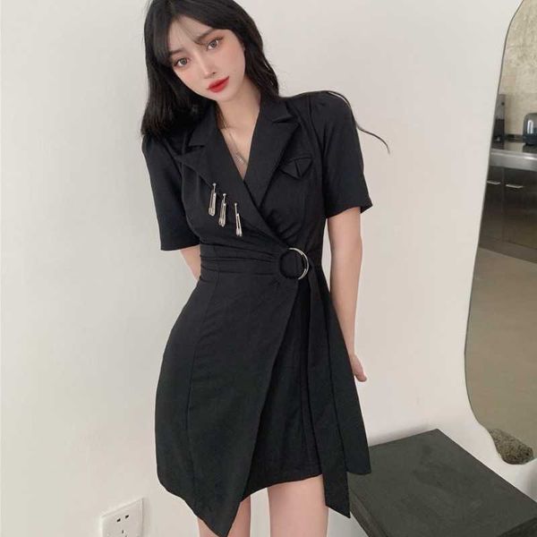 

summer elegant women's dresses retro solid color lace-up slim dress notched collar short sleeve mini female 210526, Black;gray