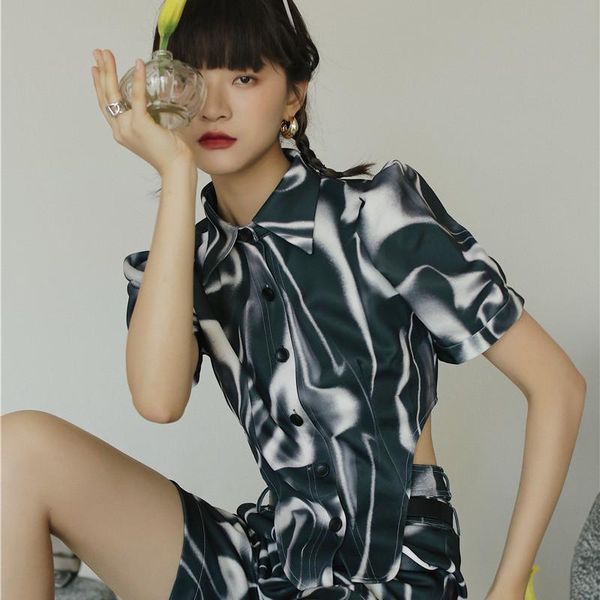 

women's blouses & shirts universe print puff sleeve asymmetrical blouse crop button up collar shirt women designer cut out fashion 2021, White