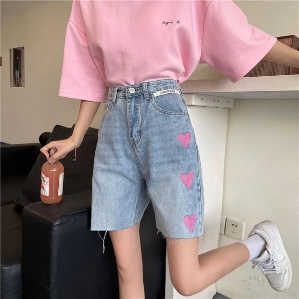 

women's shorts summer fashion high waist clothing jeans knee length love embroidery multi-color comfortable denim, White;black