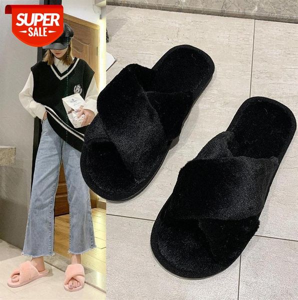 

hairy slippers women t korean style cotton indoor home flat-bottomed #8o8a, Black