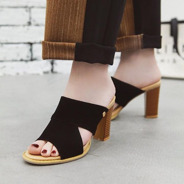 

female sandals summer wholesale ladies high heels slippers open toe slides party shoes for women super size 34-48, Black