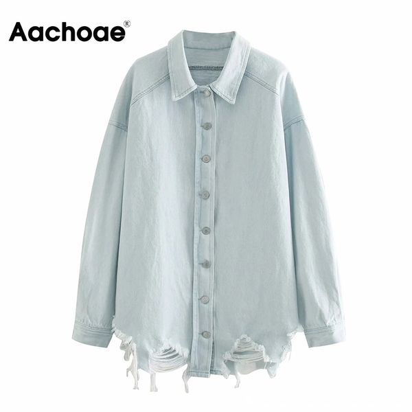 

aachoae women solid denim jacket coats retro hole ripped boyfriend coat batwing long sleeve oversized jacket autumn spring 210413, Black;brown