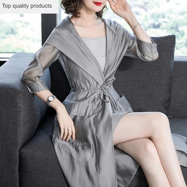 

women's trench coats summer coat women 2021 fashion long sleeve female windbreaker large size loose 2 pieces coat+ sling casaco feminin, Tan;black