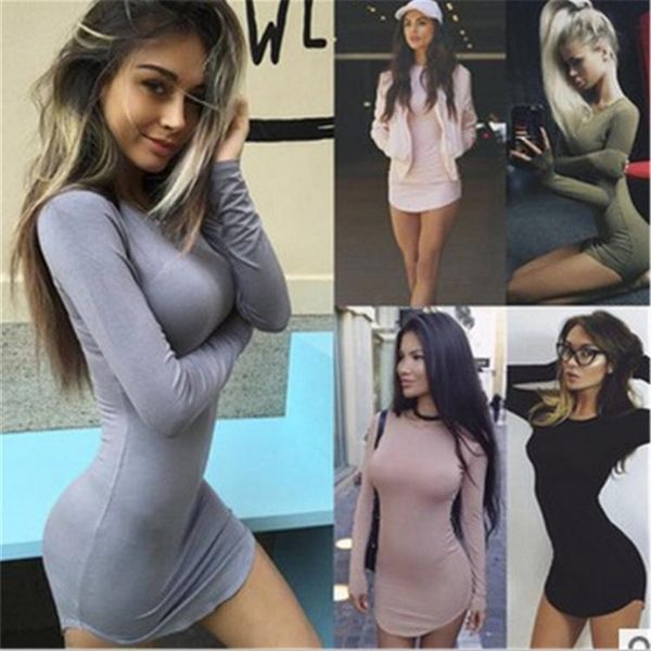 

cute style autumn sheath above knee mini female dress asymmetrical solid o-neck woman casual dresses, Black;gray