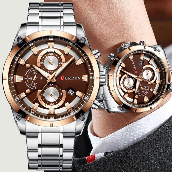 

wristwatches curren merk luxe mannen horloges sportieve roestvrij stalen band chronograaf quartz horloge met auto datum relogio masculin, Slivery;brown