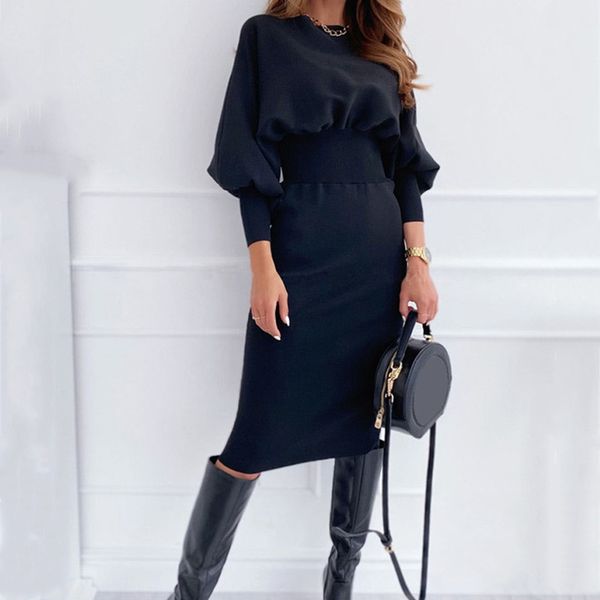 

o neck long sleeve midi party pencil dress women autumn winter black pink bodycon elegant office woman dresses robe femme 210520, Black;gray