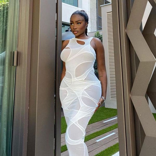 

casual dresses sleeveless o-neck solid patchwork mesh maxi dress women fashion party club elegant clothings vestidos, Black;gray