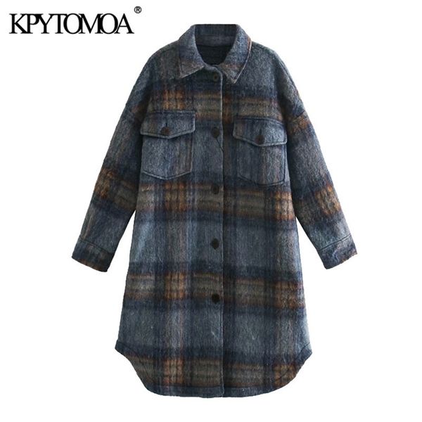 

women fashion with pockets check woolen jacket coat vintage long sleeve button-up female outerwear chic overshirt 210420, Black;brown