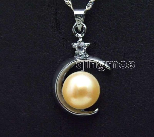 

chokers big 9-10mm pink flat round natural pearl with 18mm moon pendant 17" silver plated chain-nec6138 wholesale/retail ship, Golden;silver