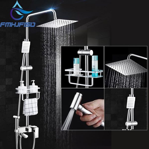 

chrome polihsed bath shower faucet 8 inch sus304 showe head w hand bidet spray storage shelf hooks outdoor tap bathroom sets