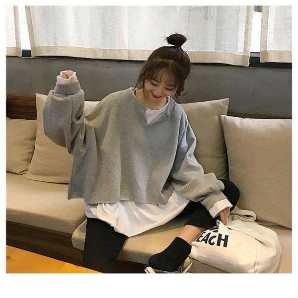

women's hoodies & sweatshirts autumn and winter korean version of ins lazy wind thickening plus velvet loose fake two-piece sweater fem, Black