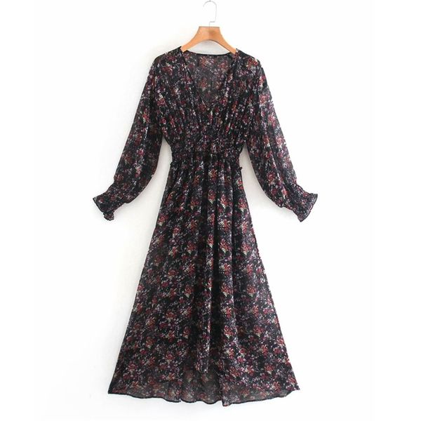 

women vintage chiffon summer dress long sleeve v-neck buttons elastic waist female elegant black lining dresses vestidos 210513, Black;gray
