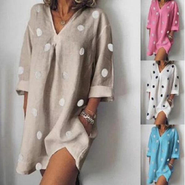 

casual dresses women's summer vintage dot print v-neck party dress 2021 long sleeve pocket elegant beach vestidos, Black;gray