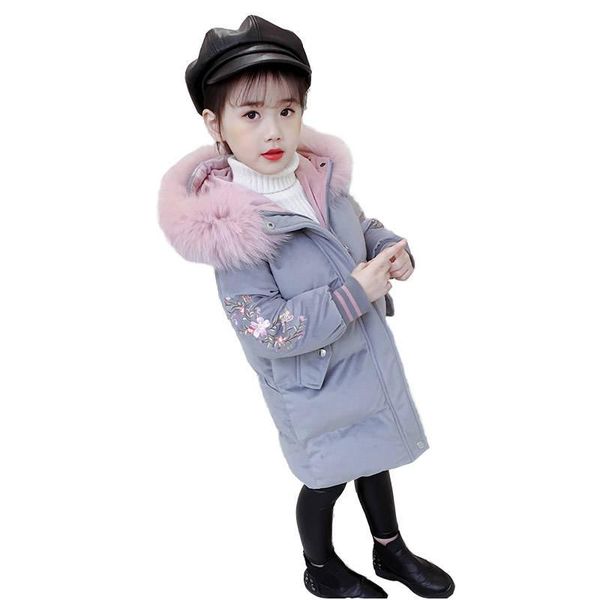 

down coat girl clothes winter jacket kids hooded embroidered flower children's clothing for girls 4-12 years outwear, Blue;gray