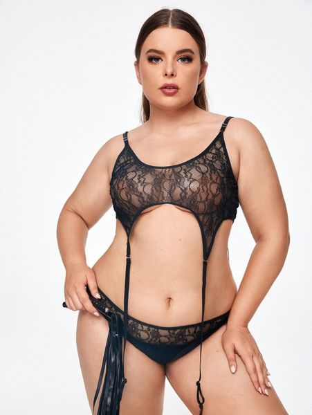 

plus floral lace garter lingerie set l0np#, Black;white