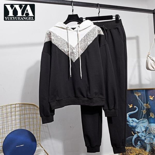 

elegant hooded sports suit women autumn winter fashion drop-shoulder sequin casual drawstring pant two-piece sets streetwear women's tw, White