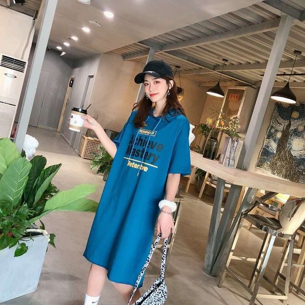 

simple casual dresses summer alphabet print over knee women's long with hooded large student trend dress, Black;gray