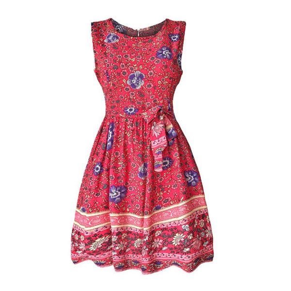 

casual dresses women holiday boho swing mini sundress a-line floral print sleeveless dress f42f, Black;gray