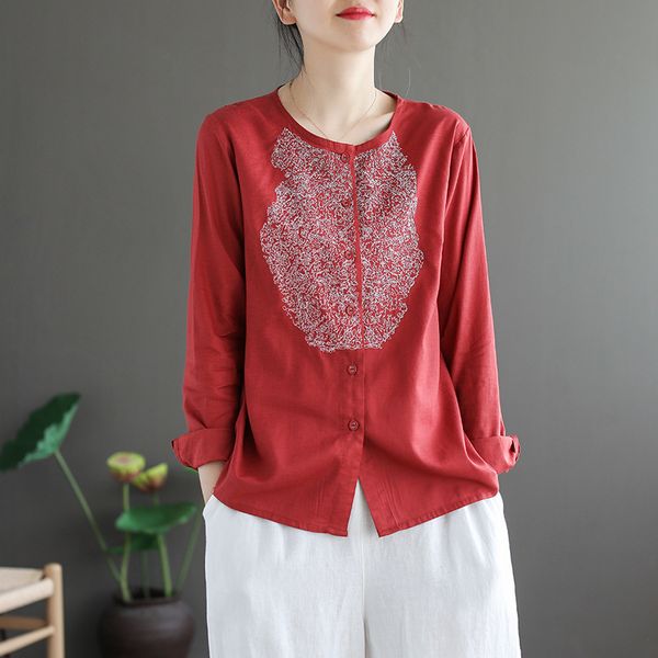 

johnature retro embroidery o-neck single breasted long sleeve shirt autumn cotton linen comfortable all-match women 210521, White