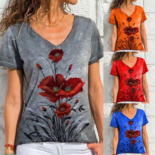 

women's t-shirt fashion summer v-neck printed 2021 women short-sleeved loose casual street vintage pullover tees, White