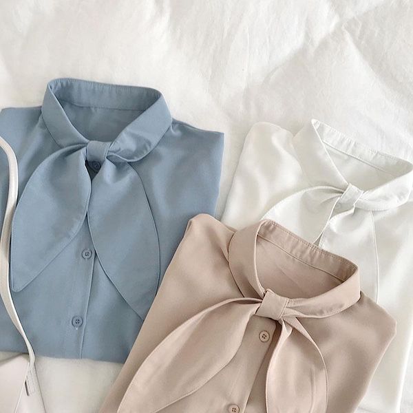 

women's blouses & shirts 2021 bow blouse women button office lady long sleeve chiffon shirt autumn casual simple style, White