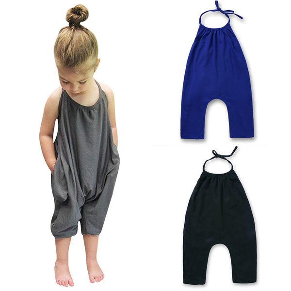 

three colors girls jumpsuits one piece suspender clothes baby onesies romper kids overalls cotton backless, Blue
