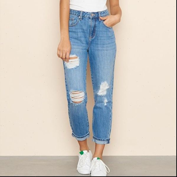 

women jean jeans holes europe fashion simple hole for female high waist slim fit hip, Blue