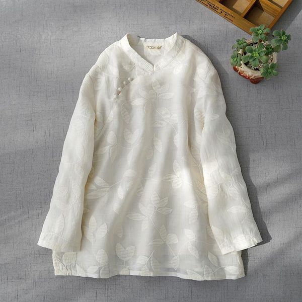 

spring summer women loose chinese style buttons slant opening embroidery comfortable water washed thin ramie shirts/blouses ethnic clot, Red