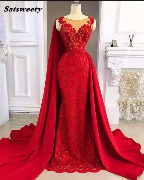 

long red female evening dress 2021 mermaid vintage lace african women party formal prom gowns with shawl, Black;red