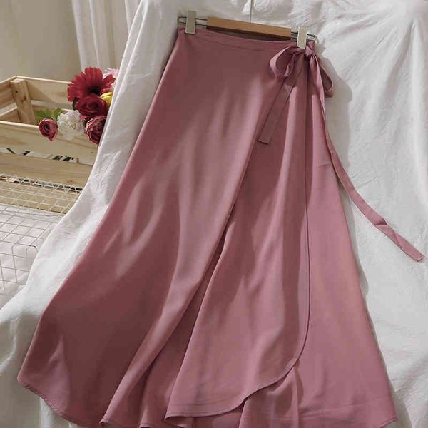 

skirts women high waist midi bandage summer autumn lace-up smooth solid elegant 210518, Black