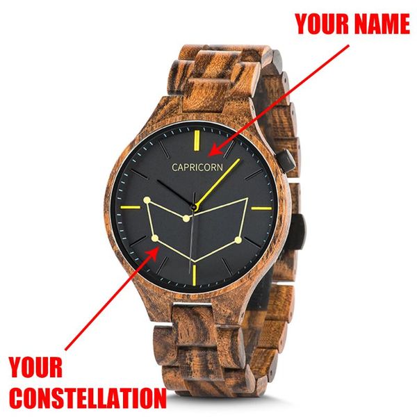 

wristwatches customized constellation wooden watch add name personalized wristwatche engrave christmas gifts relogio masculino with box l-s2, Slivery;brown