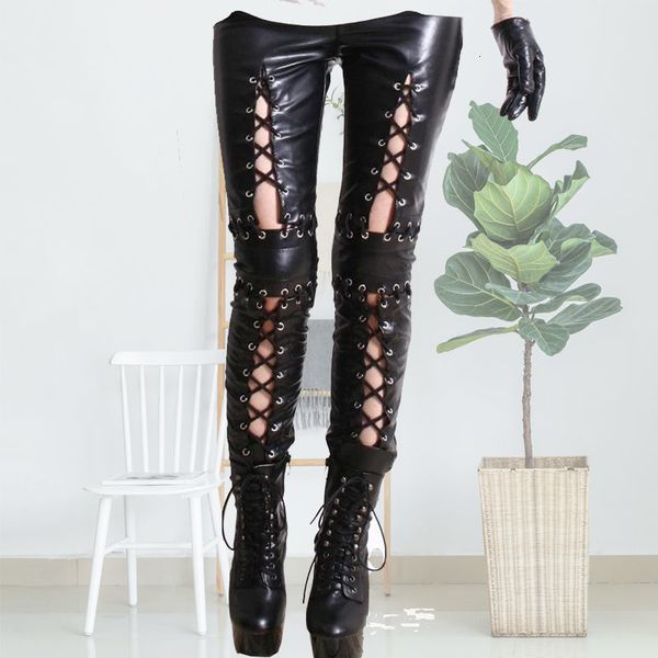 

women's pants & capris vintage streetwear bright imitation leather skinny punk rock style hollow out strap leggings cropped uarv, Black;white