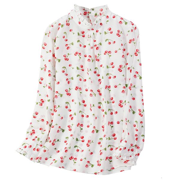 

blouses women's 100% mulberry 16mm crepe silk stand ruffles neck long sleeve white cherry shirt blouse office work  l xl jn591
