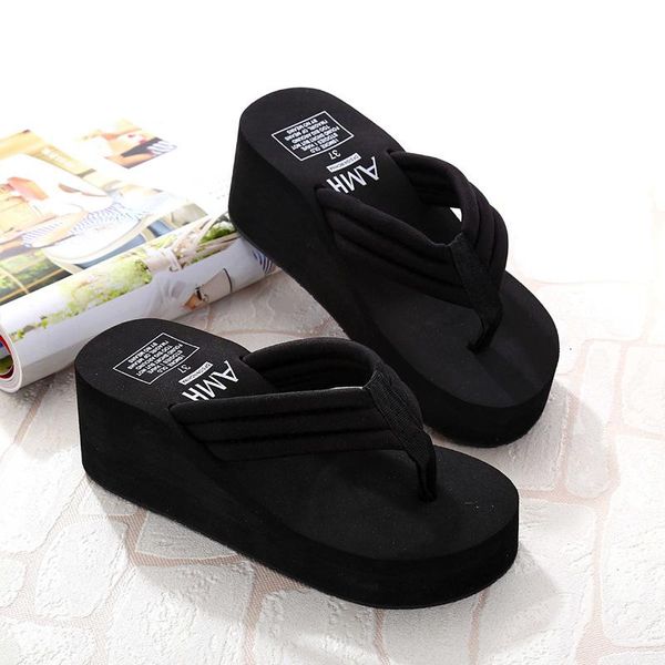 

women's summer fashion high-heel platform shoes thick-soled non-slip beach ladies flip flops sandals and slippers, Black