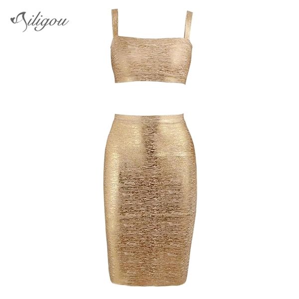 Vestido de duas peças de duas peças de verão festa de celebridade sexy bodycon sem mangas quadrado ouro mini saia vestidos 210525