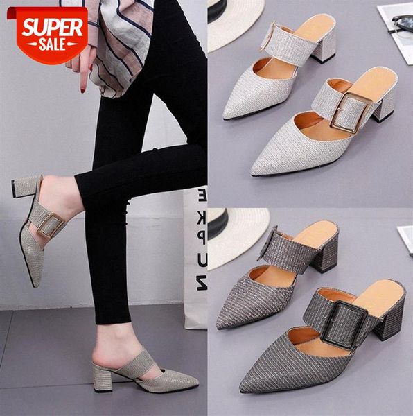 

high-heeled baotou half slippers women thick-heeled metal belt buckle decorated mules solid color korean version #mj9f, Black