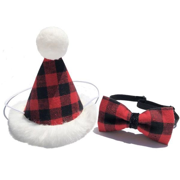 

1set pet dogs caps with bowknot cat dog birthday costume grid design headwear cap hat christmas party pets accessories apparel