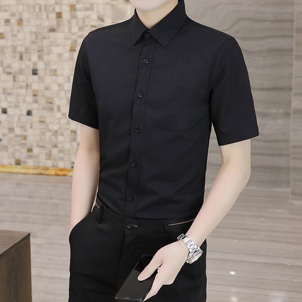 

men's dress shirts summer solid color turn down colloar cardigan single breasted male casual short-sleeved light shirt chemise homme, White;black