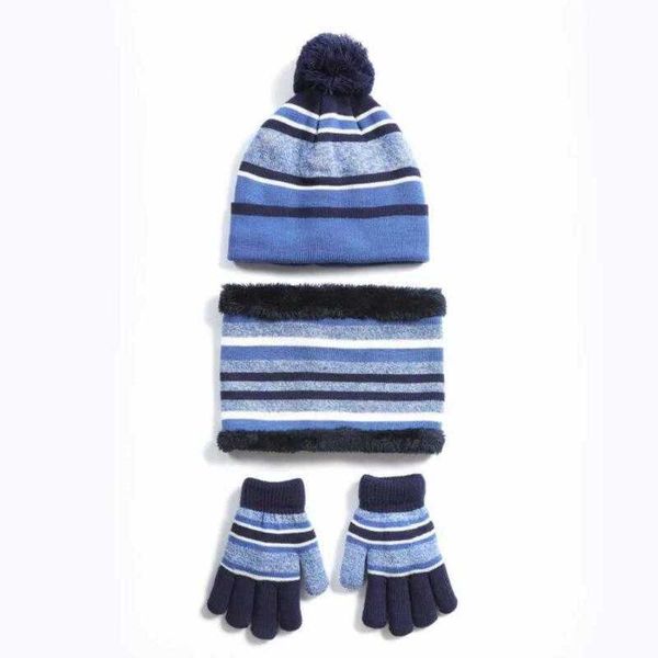 

3pcs kids winter bonnet beanie hat scarf gloves set for children boys girls knit thick warm fleece lined neck warmer circle pom, Blue;gray