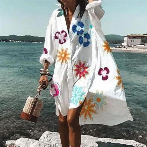 

summer long sleeve floral leaf womens dress print single breasted shirt plus size loose beach party vestidos robe blouse, Black;gray