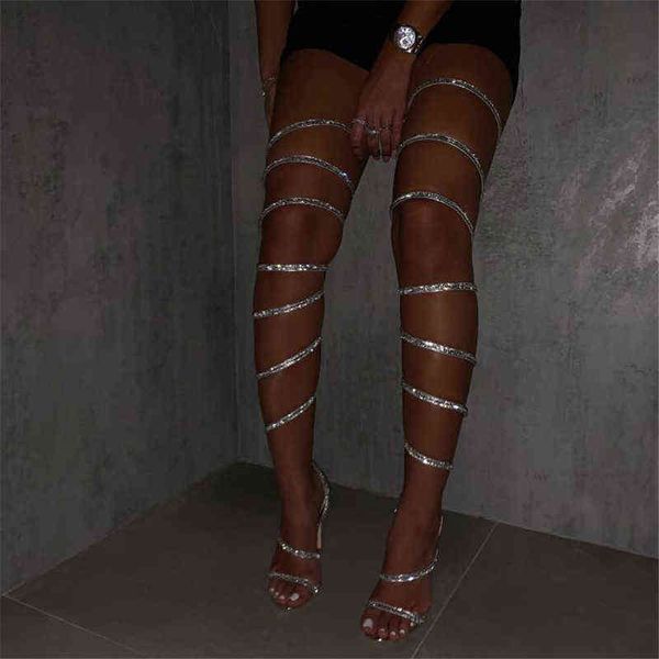 Moda Sandálias do Gladiador de Strass Gladiador Mulheres Crystal Strip Strip Strip Sapatos de Verão Peep Toe Coxa Alta Sandálias Botas Y220211