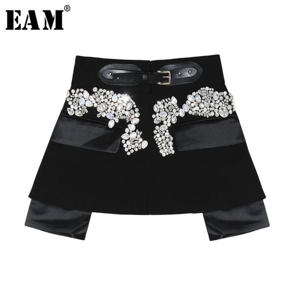 

[eam] spring autumn high waist black beading blingbling spliced personality short half-body skirt women fashion jy758 210702
