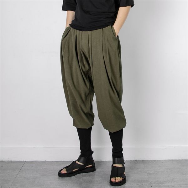 

four seasons minimalist japanese dark black mountain style pants rib bag calf loose harem men 210715