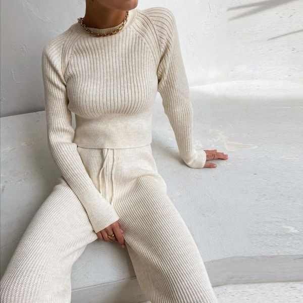 

women's two piece pants 2021 women clothing female sweater winter pullover knitting overszie sweaters knitted wide leg 2 set loose, White