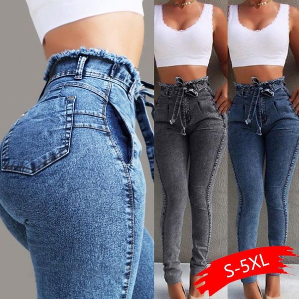 

women's jeans high waist for women slim stretch denim jean bodycon tassel belt bandage skinny woman casual plus size pencil, Blue