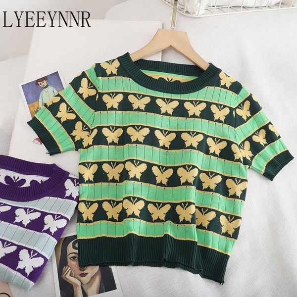 

women's t-shirt lyeeynnr short sleeve t shirt knitted tees summer contrast color striped butterfly tshirts casual crop women camisetas, White